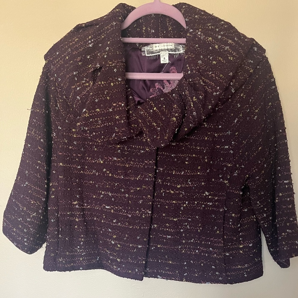 St. John Collection Metallic Tweed Evening Jacket Plum & Gold Size 8 Made in USA